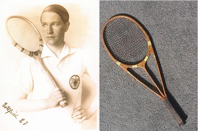A sinsitra: un'immagine giovanile di von Cramm. A destra: una speciale racchetta di legno disegnata da un altro tennista dell'epoca, il britannico Bunny Austin